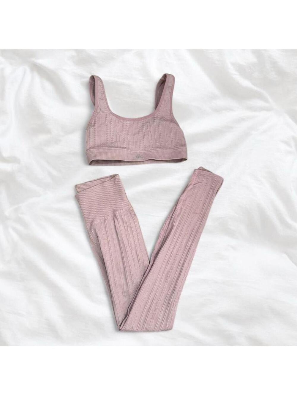 Alo Yoga Pink Cable Knit Sports Bra & Leggings Set Size XS